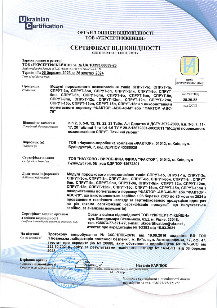 Сертифікат відповідності на модулі СПРУТ